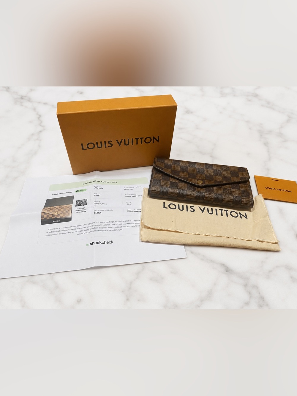 Louis Vuitton Damier Ébène Long Wallet with Pink Interior, Box, Dust Bag & COA